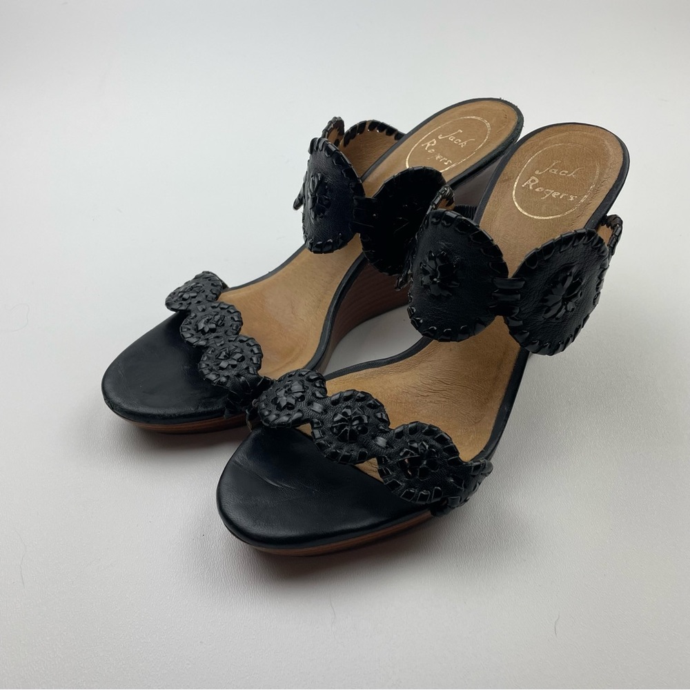 Jack Rogers Black Leather Wedge Sandals
